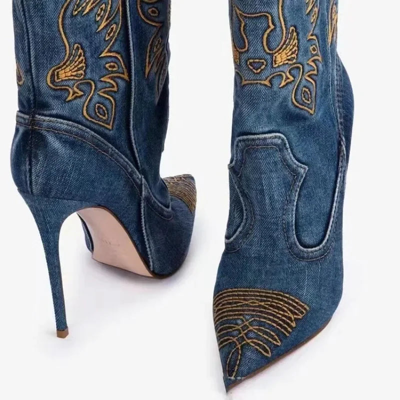 Denim Embroidered Stiletto Cowboy Boots – High Heel Western Fashion Statement