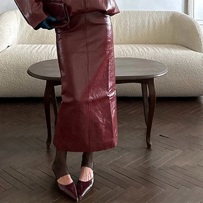 Vintage PU Leather Jacket and Skirt Set for Women – High Neck Long Sleeve Coat + Midi Skirt | Autumn Winte Outfit