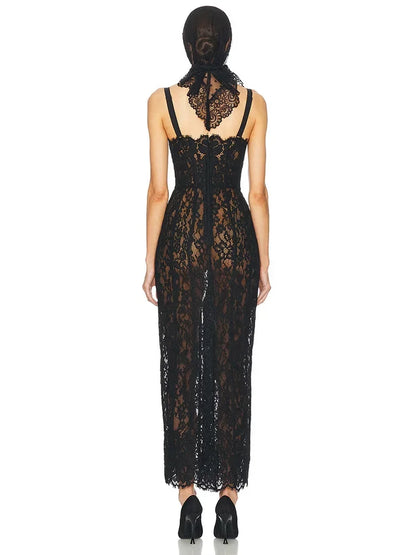 Elegant floral lace bodycon dress for women – evening gown in black