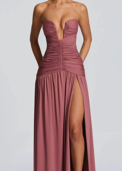 Elegant Deep V Strapless Ruched Maxi Dress
