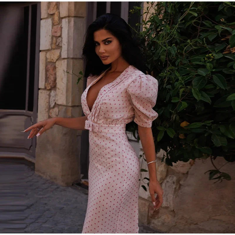 Blush Pink Polka Dot Maxi Dress with Puff Sleeves and Deep V-Neck