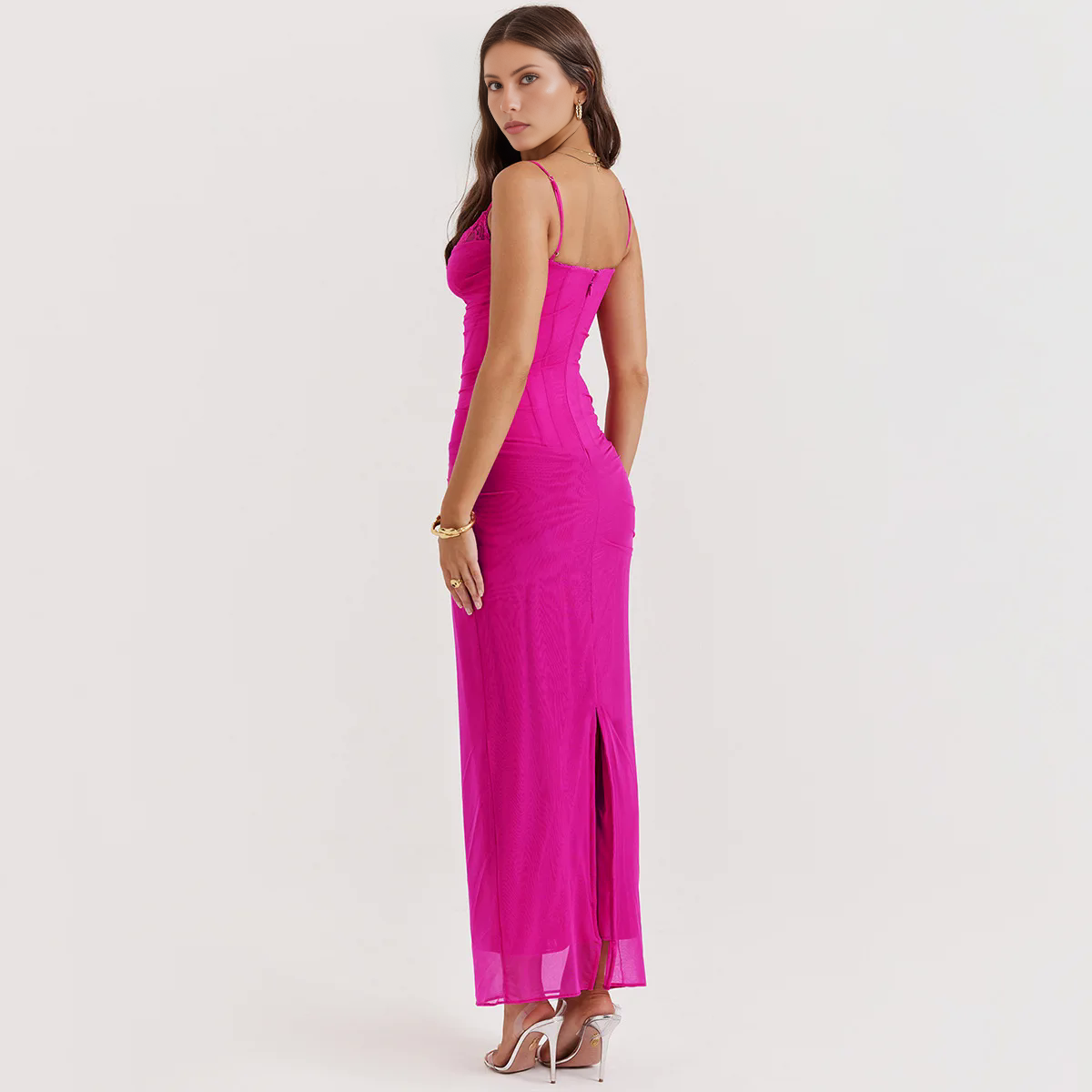 Elegant rose maxi dress with corset design – back view
