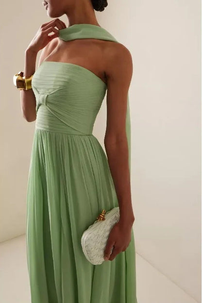 Sage Green Pleated Maxi Dress with Halter Neck and Elegant Flowy Skirt