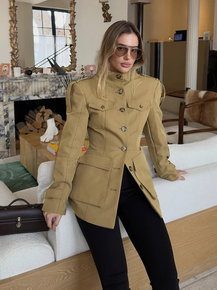 Khaki Stand Collar Trench Coat – Elegant Waist-Length Jacket with Pockets & Button Closure