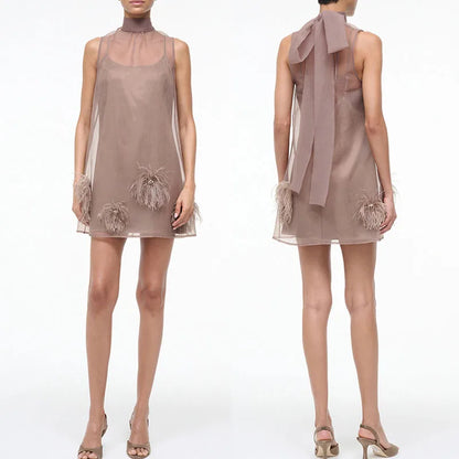Two views of a sheer brown dress with floral details on a white background