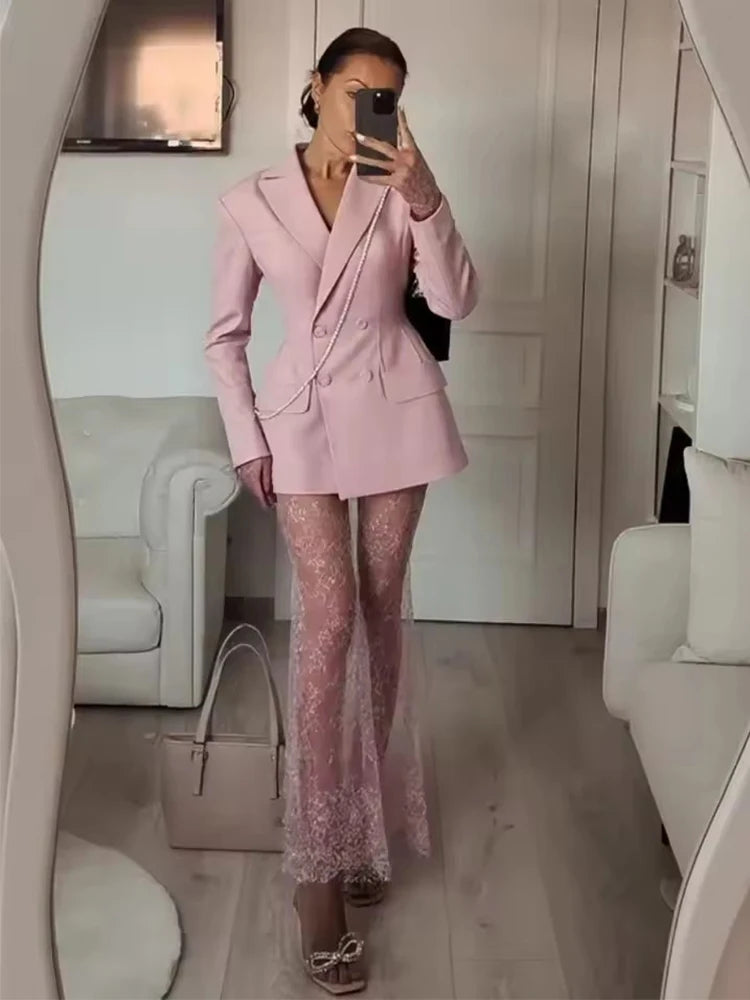 Elegant Blazer and Lace Skirt Set – Women’s Two-Piece Double Breasted Jacket with Sheer Lace Maxi Skirt – Formal Party and Evening Outfit