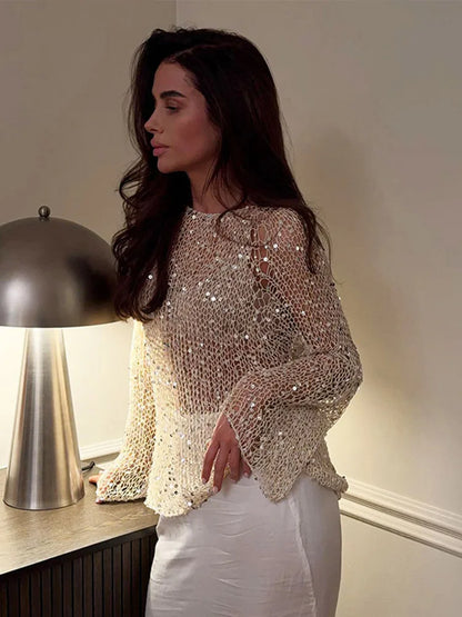 Sequin Champagne Knit Pullover Top – Hollow Out Long Sleeve Glitter Blouse for Women
