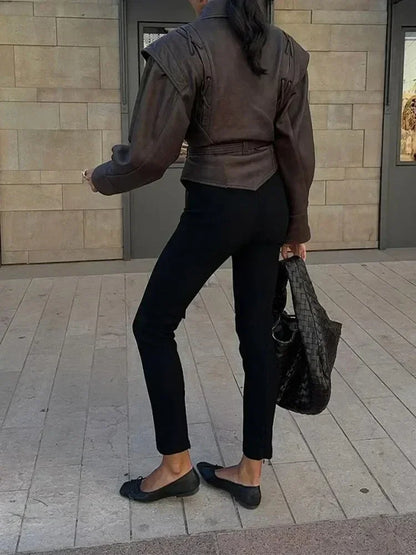 Faux leather jacket with belt and dropped shoulders camel color