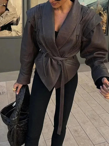 Faux leather jacket with belt and dropped shoulders in camel
