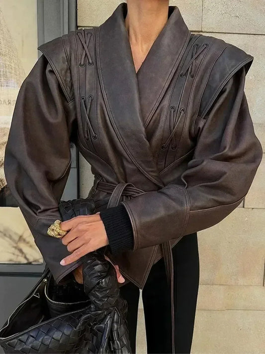 Faux leather jacket with belt and dropped shoulders in camel color – women’s PU coat