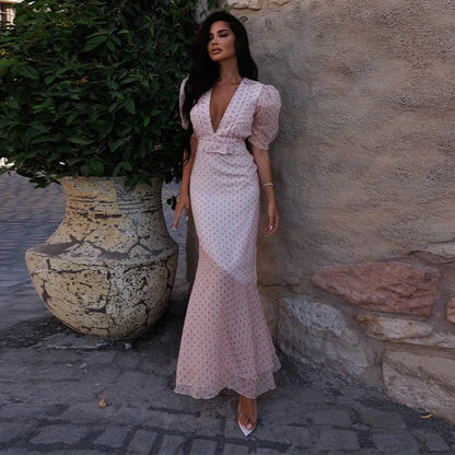 Blush Pink Polka Dot Maxi Dress with Puff Sleeves and Deep V-Neck