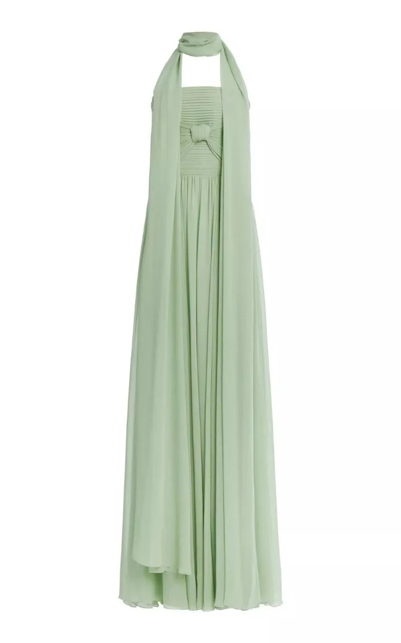 Sage Green Pleated Maxi Dress with Halter Neck and Elegant Flowy Skirt