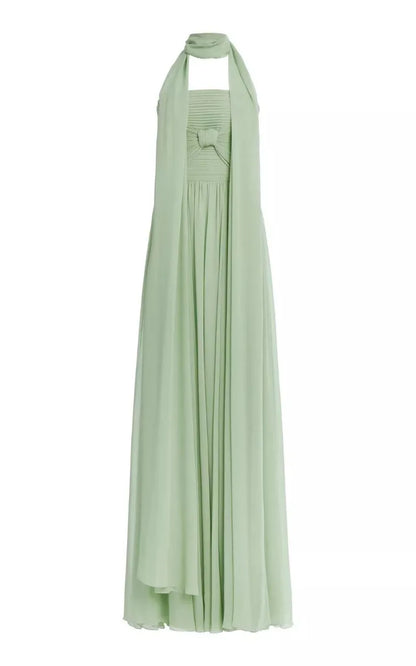 Sage Green Pleated Maxi Dress with Halter Neck and Elegant Flowy Skirt
