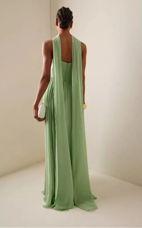 Sage Green Pleated Maxi Dress with Halter Neck and Elegant Flowy Skirt