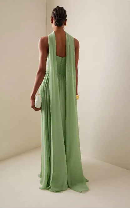 Sage Green Pleated Maxi Dress with Halter Neck and Elegant Flowy Skirt