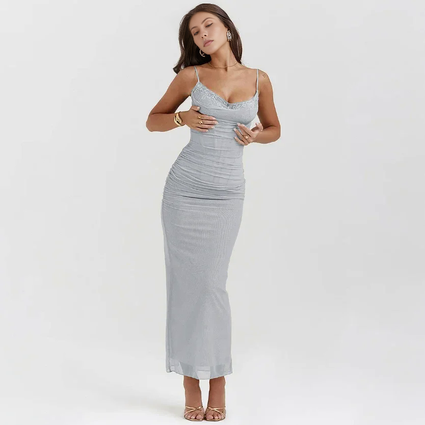 Gray spaghetti strap mesh corset maxi dress – full length