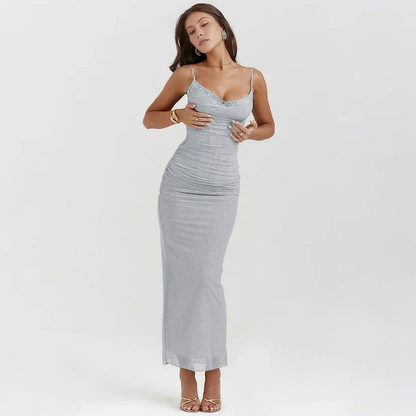 Gray spaghetti strap mesh corset maxi dress – full length