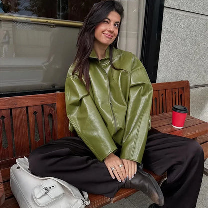 Vintage PU Leather Jacket and Skirt Set for Women – High Neck Long Sleeve Coat + Midi Skirt | Autumn Winte Outfit