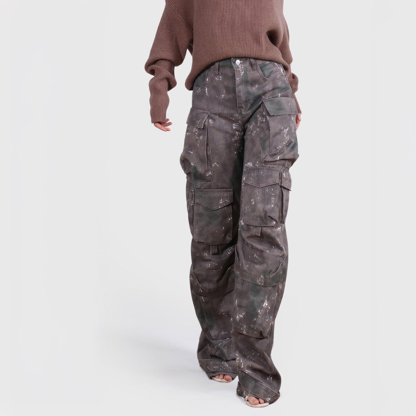HIGH WAISTED CARGO TROUSERS - DARK GREY