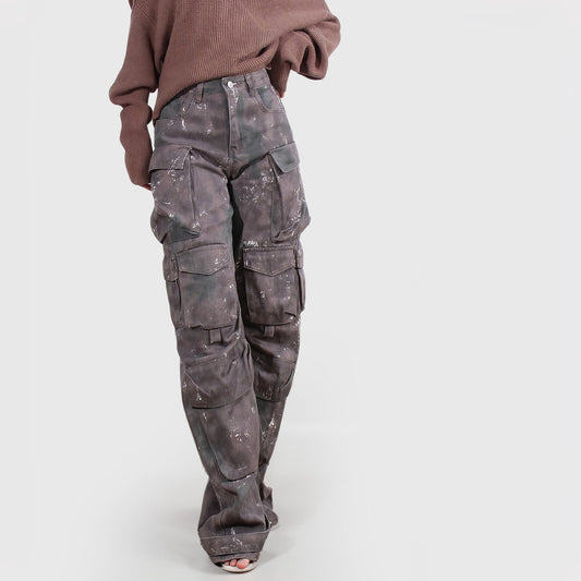 HIGH WAISTED CARGO TROUSERS - DARK GREY