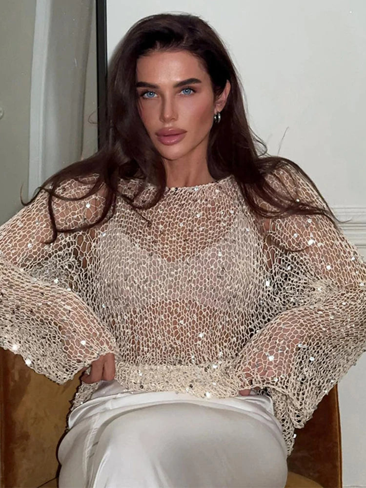 Sequin Champagne Knit Pullover Top – Hollow Out Long Sleeve Glitter Blouse for Women