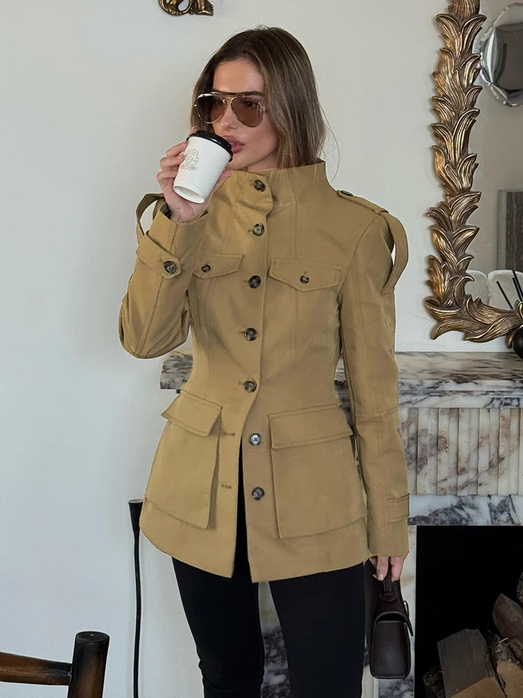 Khaki Stand Collar Trench Coat – Elegant Waist-Length Jacket with Pockets & Button Closure