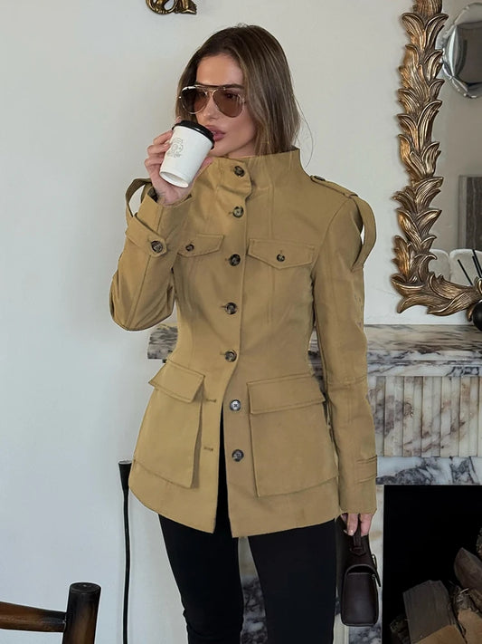 Khaki Stand Collar Trench Coat – Elegant Waist-Length Jacket with Pockets & Button Closure