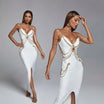 High neck lace up abstract print metal chain slit maxi dress