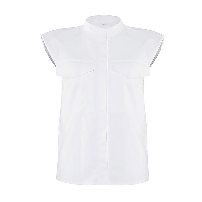 Minimalist Solid Color Shoulder Pad Mock Neck Button Up Sleeveless Shirt