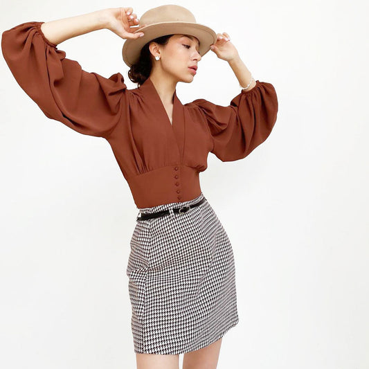 Elegant Solid Ruched Lantern Sleeve V Neck Button Up Cropped Chiffon Blouse