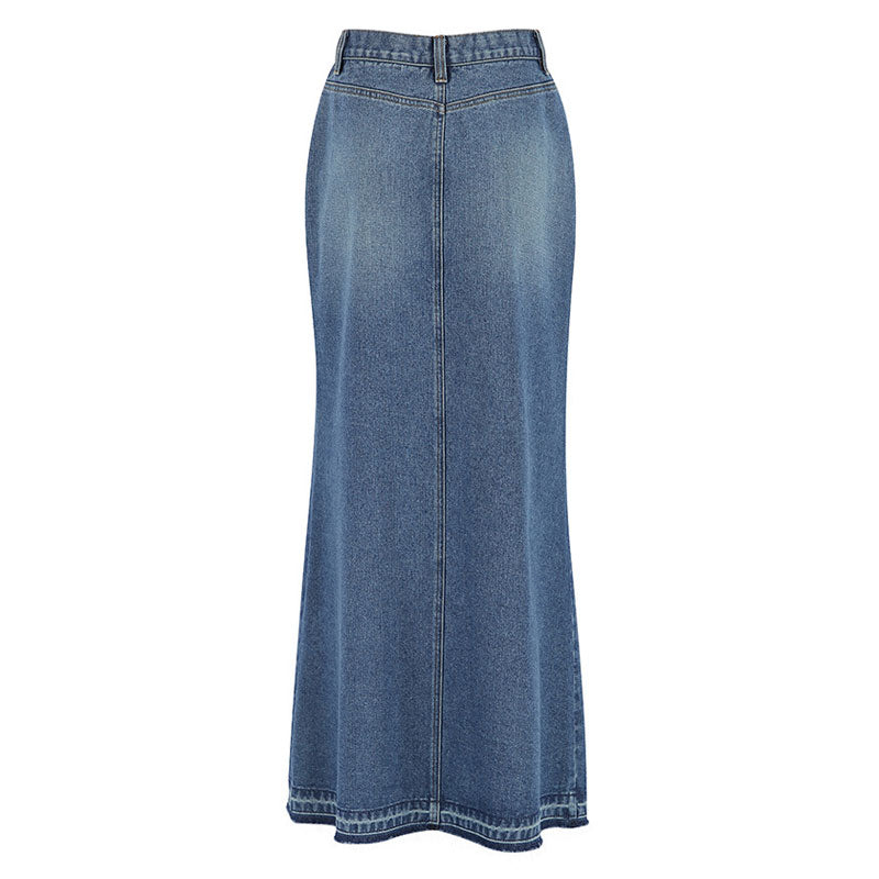 Vintage Raw Hem Split Front High Waist A Line Maxi Denim Skirt