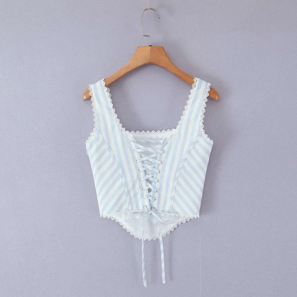 Light Blue Lace Trim Striped Corset Cami Top for Women