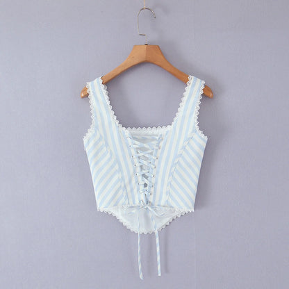 Light Blue Lace Trim Striped Corset Cami Top for Women