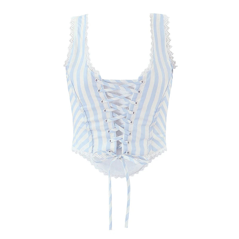 Light Blue Lace Trim Striped Corset Cami Top for Women