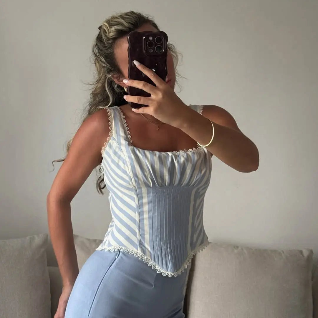 Light Blue Lace Trim Striped Corset Cami Top for Women