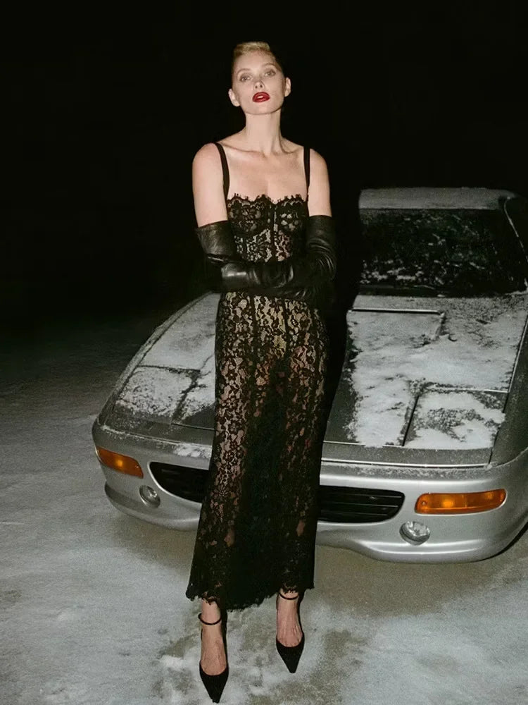 Long bodycon lace evening dress with spaghetti