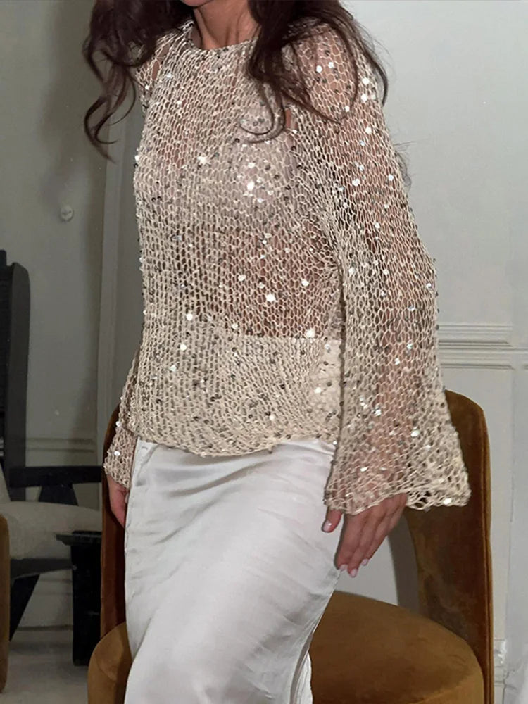 Sequin Champagne Knit Pullover Top – Hollow Out Long Sleeve Glitter Blouse for Women