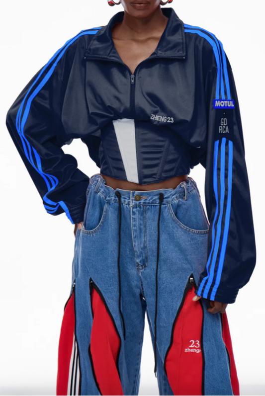 Long sleeve zipper shirt with corset lace-up waist in blue