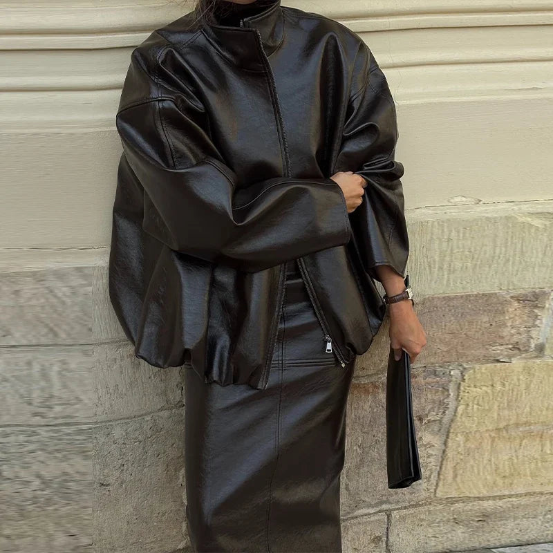 Vintage PU Leather Jacket and Skirt Set for Women – High Neck Long Sleeve Coat + Midi Skirt | Autumn Winte Outfit