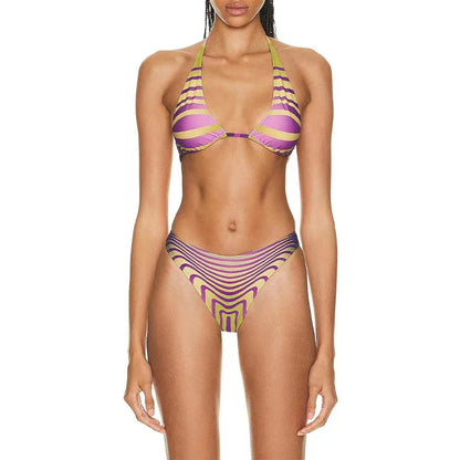 This image features a vibrant and colorful bikini set, perfect for poolside or beach outings. The bikini top sports a striking striped pattern in shades of purple and green, designed with a halter neck to enhance the neckline.