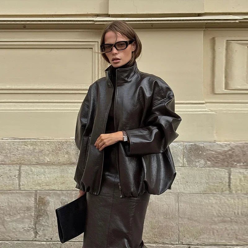 Vintage PU Leather Jacket and Skirt Set for Women – High Neck Long Sleeve Coat + Midi Skirt | Autumn Winte Outfit