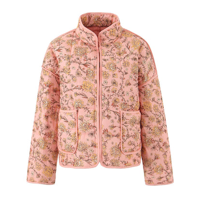 Pink floral quilted cotton jacket for women autumn outerwear