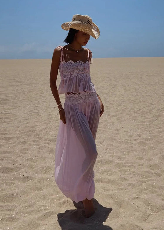 Floral Lace Pleated Wide-Leg Beach Set