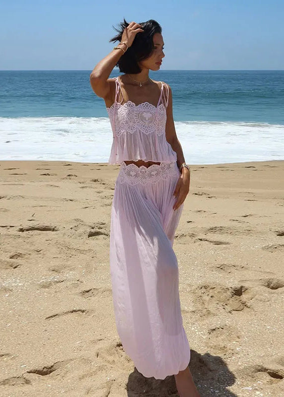 Floral Lace Pleated Wide-Leg Beach Set