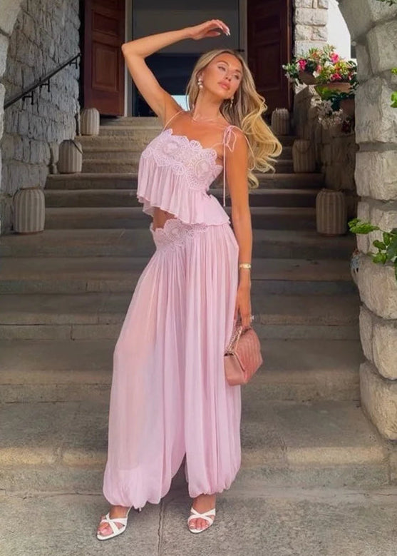 Floral Lace Pleated Wide-Leg Beach Set