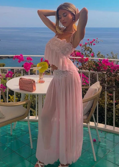 Floral Lace Pleated Wide-Leg Beach Set