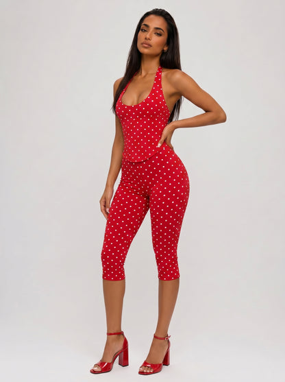 White Polka Dot Halter Jumpsuit Backless Corset Capri Romper
