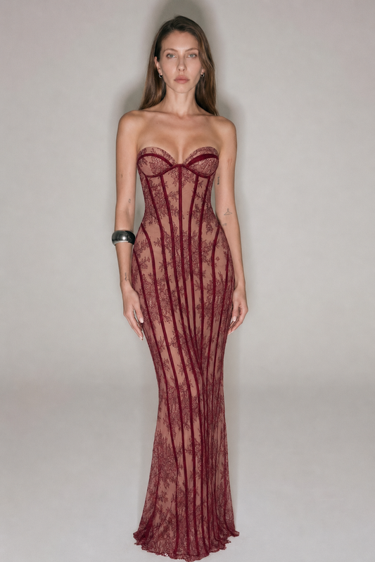 Sheer Lace Corset Maxi Dress – Strapless Bodycon Evening Party Dress