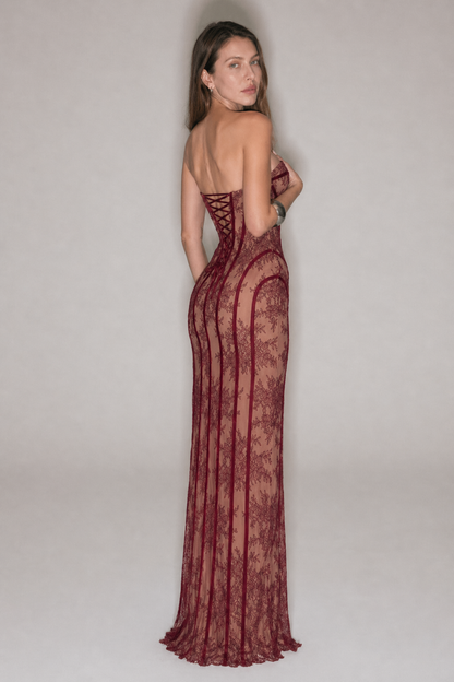 Sheer Lace Corset Maxi Dress – Strapless Bodycon Evening Party Dress