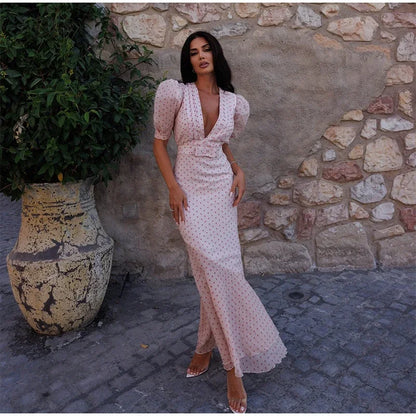 Blush Pink Polka Dot Maxi Dress with Puff Sleeves and Deep V-Neck
